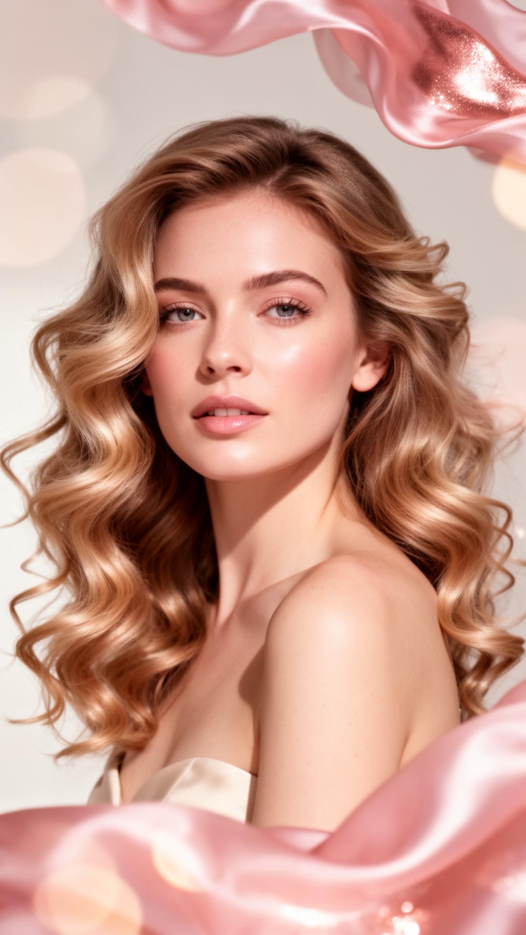 Model with effortless soft curls in blush and rose gold tones